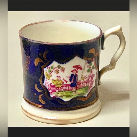 Gaudy Welsh Cobalt Blue Pink Lustre Chinoiserie Child’s Cup Mug - Picture 5 of 10